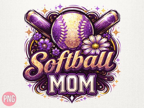 Elevate Your Projects with the Purple Glitter Softball Mom Design PNG