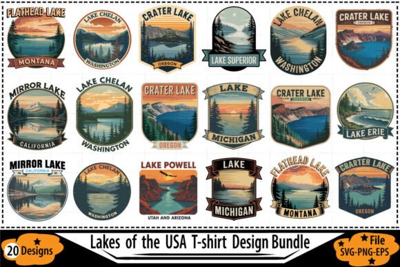 Lakes of the USA T-Shirt Design Bundle: Vintage Badge Graphics